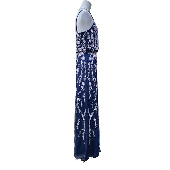 Adrianna Papell Navy Blue Blouson Floral Beaded V-Neck Formal Maxi Dress Sz 4 - Picture 2 of 8